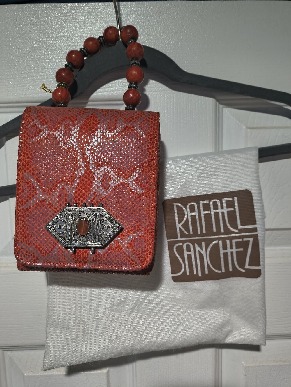 Rafael Sanchez NY Python Embossed Leather Box Bag Wood Bead Handle Minaudiere - Picture 6 of 11